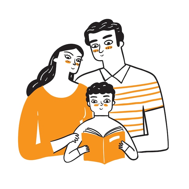 ママとパパは愛らしい息子が本を読むのを見ています。