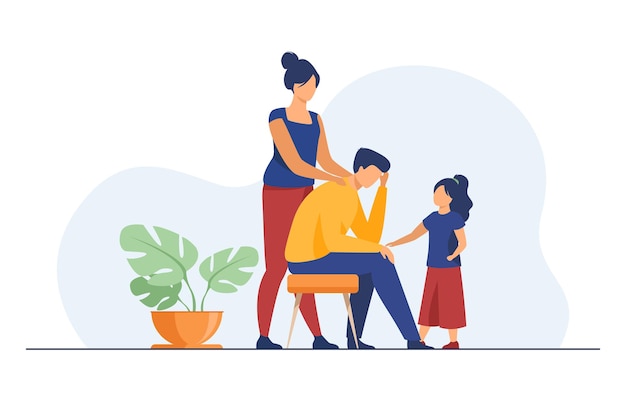 Free vector mom and daughter comforting upset dad. touching shoulder, holding hand, giving support flat illustration