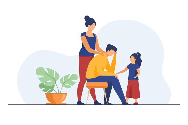 Mom and daughter comforting upset dad. Touching shoulder, holding hand, giving support flat illustration