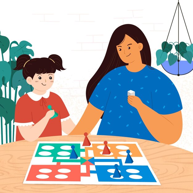 Mom and daughter playing ludo game