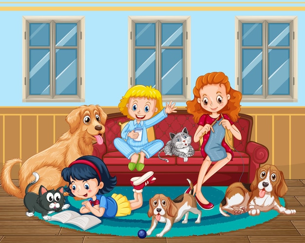Mom and daughter with many dogs in the room scene