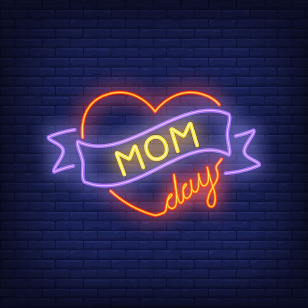 Mom day neon sign. bright red heart with ribbon. night bright advertisement.