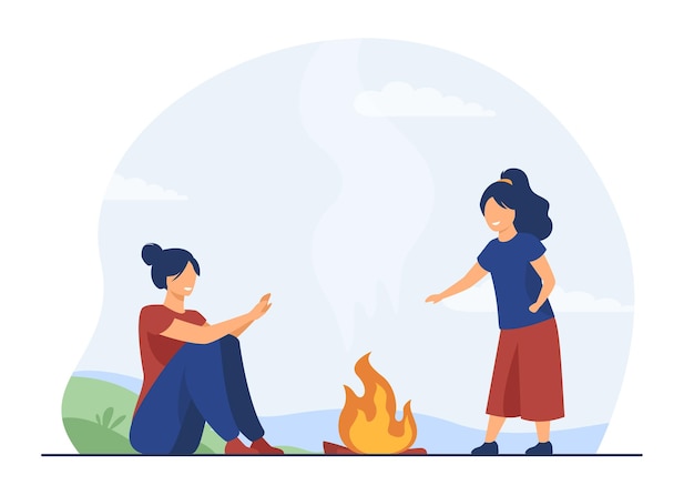 Mom and kid enjoying camping outdoor. Happy woman and girl warming hands at fire. Cartoon illustration