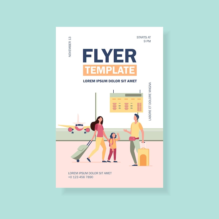 Free Vector mom and little daughter meeting with dad in airport flyer template