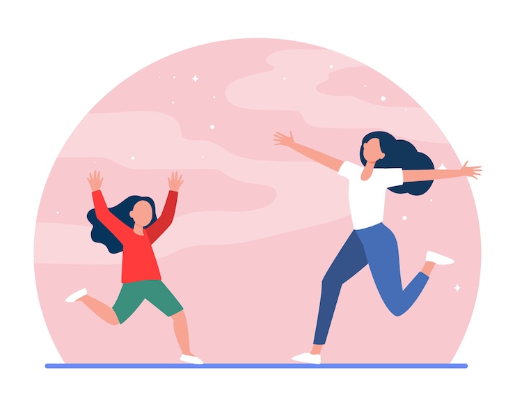 무료 Vector 엄마와 딸이 서로에게 두 팔을 벌려 실행합니다. 어머니, 소녀, 아이 평면 벡터 일러스트 레이 션. 부모, 어린 시절, 육아