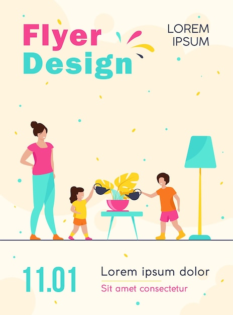 Mom teaching kids to take care about home plants flyer template