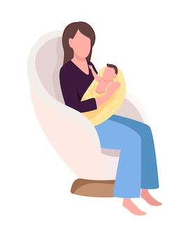 Mom with baby in armchair semi flat color vector character. sitting figure. full body person on white. motherhood isolated modern cartoon style illustration for graphic design and animation