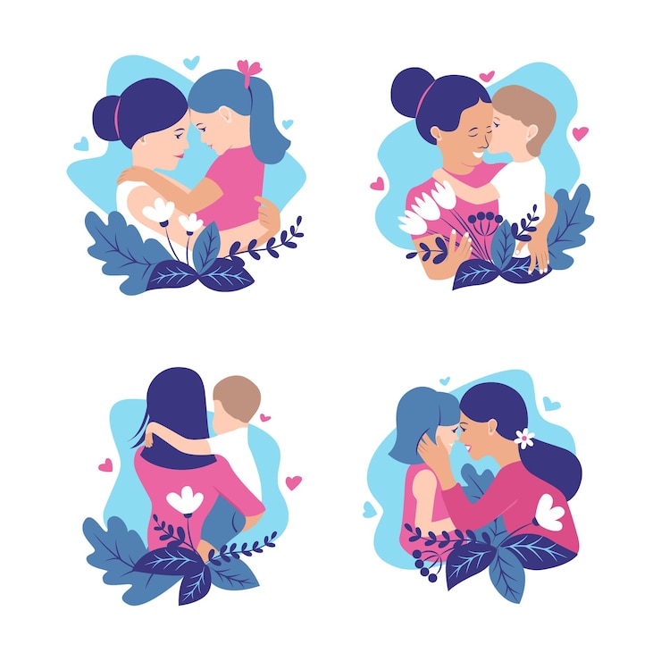 Free Vector the moms and babies hugging in love the son and daughter