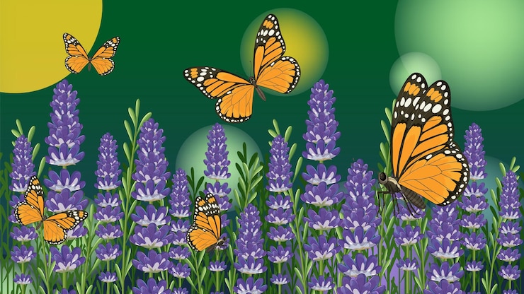 Free Vector monarch butterflies among lavender blooms