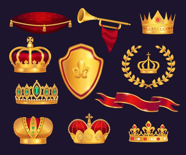 Free vector monarchy attributes heraldic symbols realistic set with gold crowns tiara trumpet laurel wreath ceremonial cushion