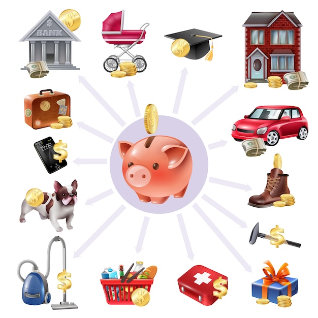 Money box saving flat icons composition