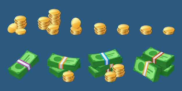 Money cash icons in stacks with different number of coins and bills. vector cartoon set of bank currency with green banknotes in bundles and golden coins isolated on blue background