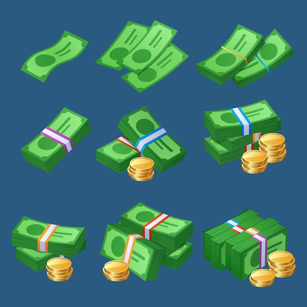Бесплатное векторное изображение Деньги наличными со стопками монет и пачками банкнот