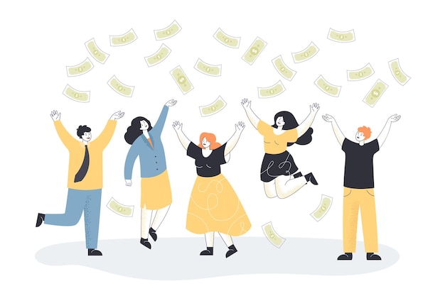 Free vector money falling on happy business people flat illustration