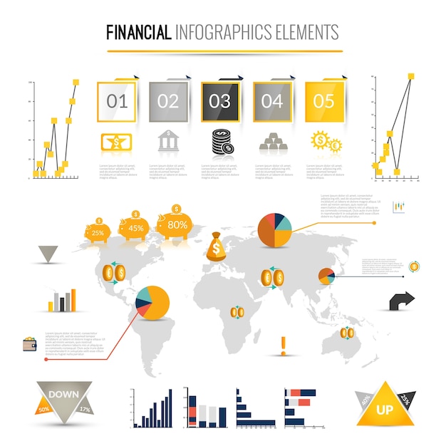 Money finance business infographic with financial icons and world map on background vector illustration