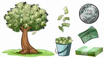 Vettore gratuito il denaro cresce sull'albero e su diversi tipi di denaro