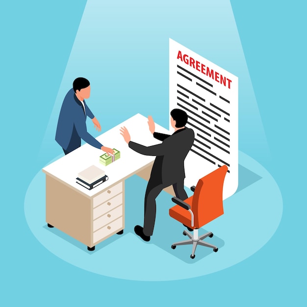 Free vector money laundering isometric background with official male character refusing bribe offered by businessman vector illustration