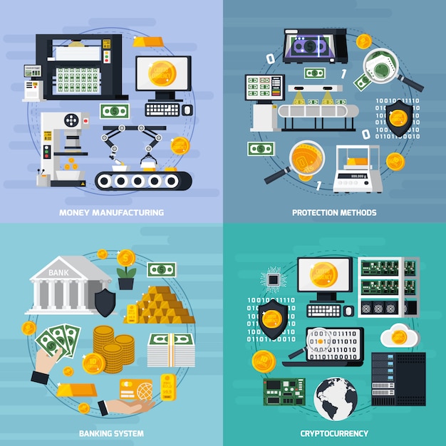 Free vector money manufacturing concept icons set