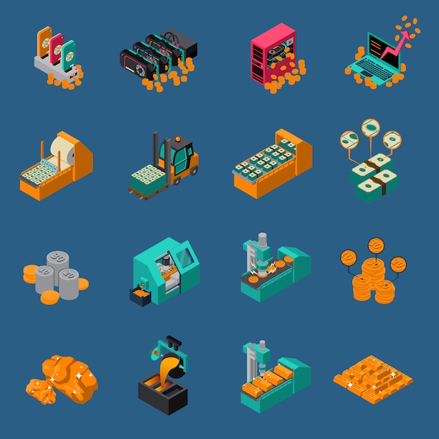 Free vector money manufacturing isometric icons