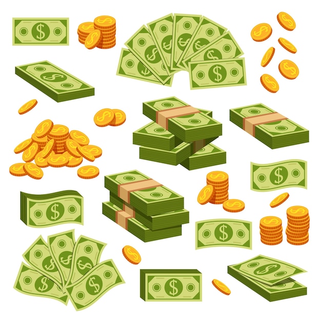 Money paper and golden coins isolated design element isolated set collection