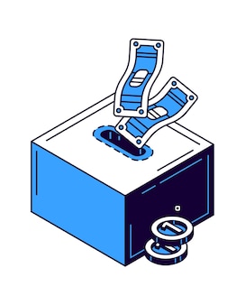 Moneybox icon with banknotes and gold coin isometric