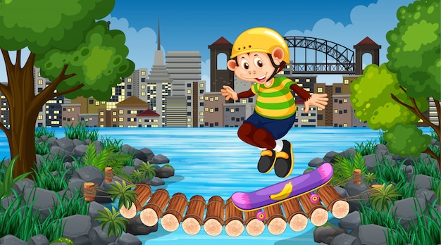 Free Download – Monkey Boy Riding Skateboard in City Park Vector Template