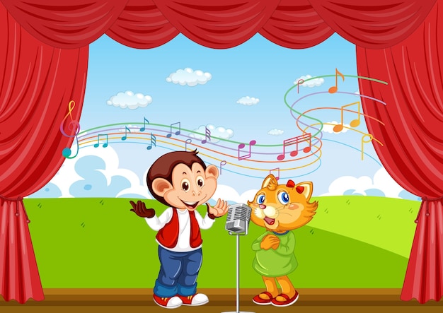 무대에서 노래하는 원숭이와 고양이 만화 캐릭터