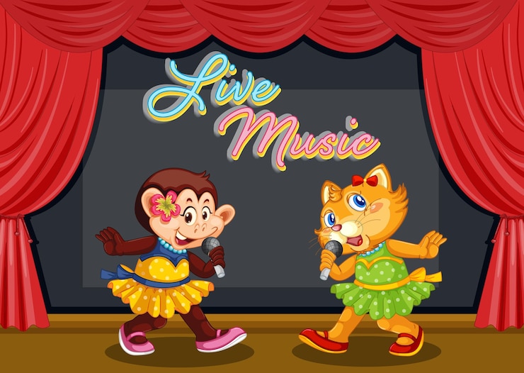 मुफ़्त वेक्टर monkey and cat performing singing on stage