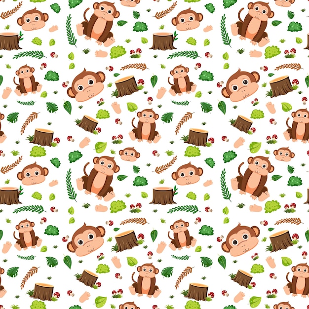 Free vector monkey cute animal seamless pattern