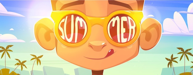 Monkey face in sunglasses with summer word reflection on glasses surface. funny cartoon ape character licking lips on exotic beach background with palm trees, happy emotion, vector illustration