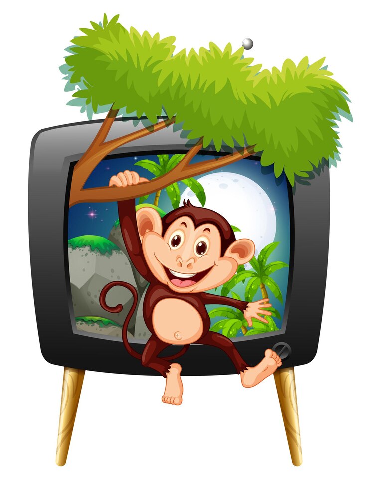 Free Vector monkey hanging on branch on tv screen