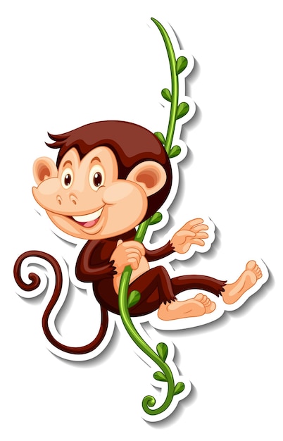 Free vector monkey hanging on liana cartoon character sticker