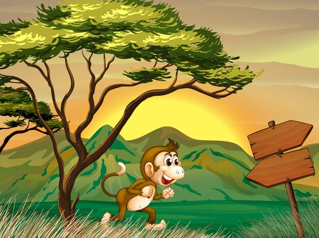 A monkey running with a wooden arrow board