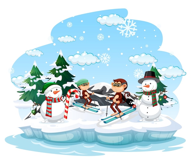 Free vector monkey skiing in the snow at daytime scene