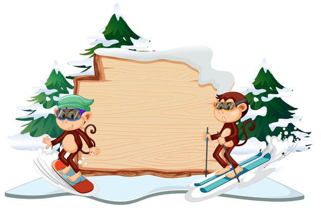 Monkey skiing with blank board on white background