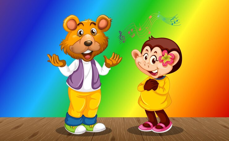 Free Vector monkey with bear cartoon character on rainbow gradient background