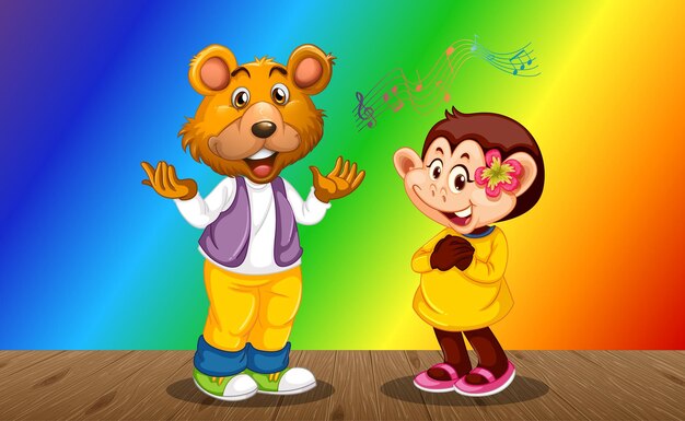 무지개 그라데이션 배경에 곰 만화 캐릭터와 원숭이