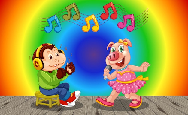 Обезьяна с персонажем из мультфильма свинья на фоне градиента радуги