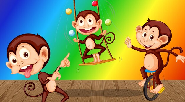 Monkeys doing different activities on rainbow gradient background