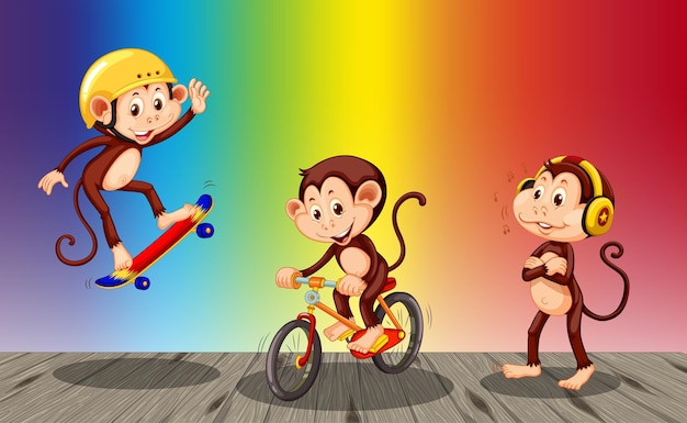 Monkeys doing different activities on rainbow gradient background