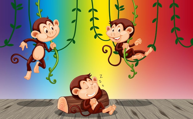 Monkeys hanging on liana on rainbow gradient background