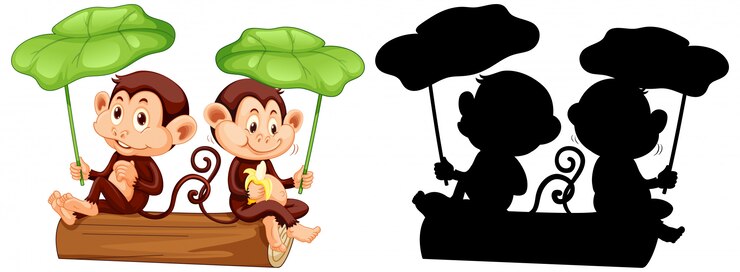 Free Vector monkeys holding leaf with its silhouette