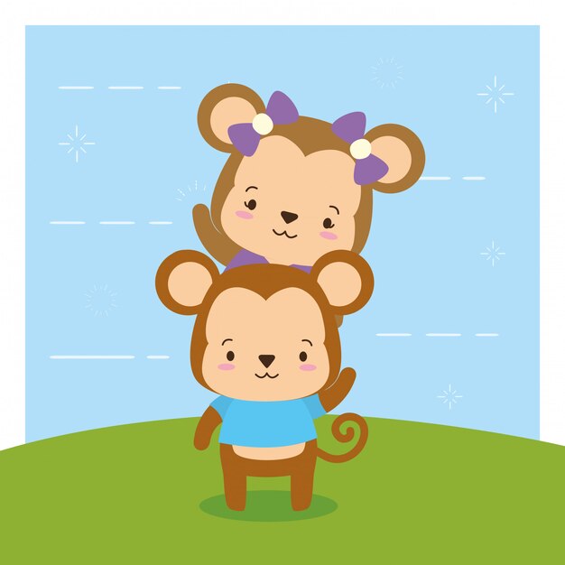 Monkeys on nature, Cute animals, flat and cartoon style, illustration