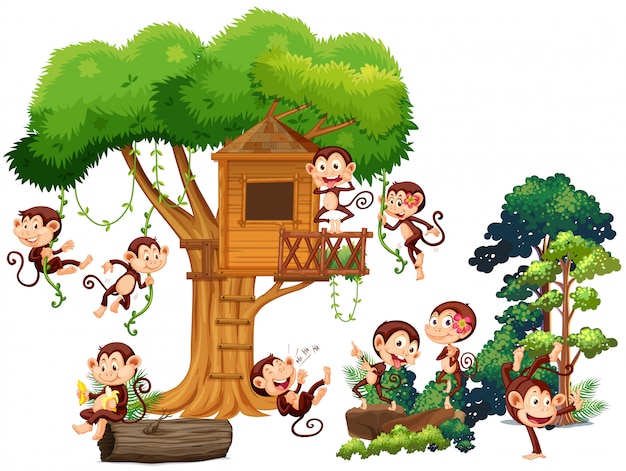 Free vector monkeys playing and climbing up the treehouse