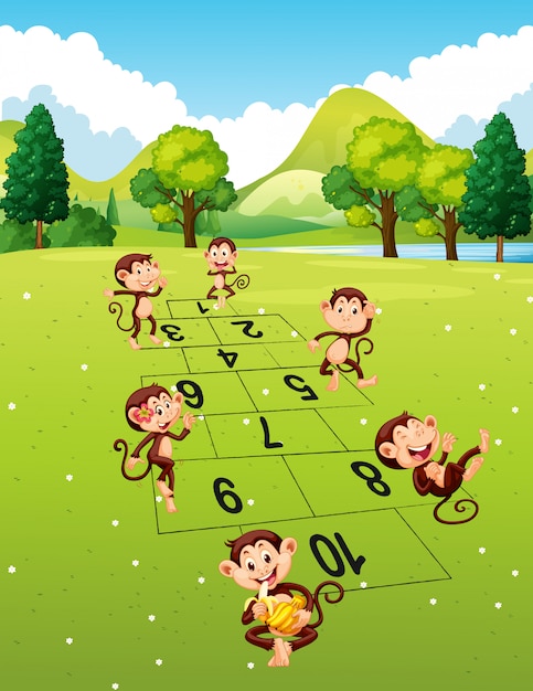 Free vector monkeys playing hopscotch in park