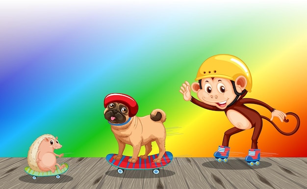 Monkeys playing skateboard on rainbow gradient background