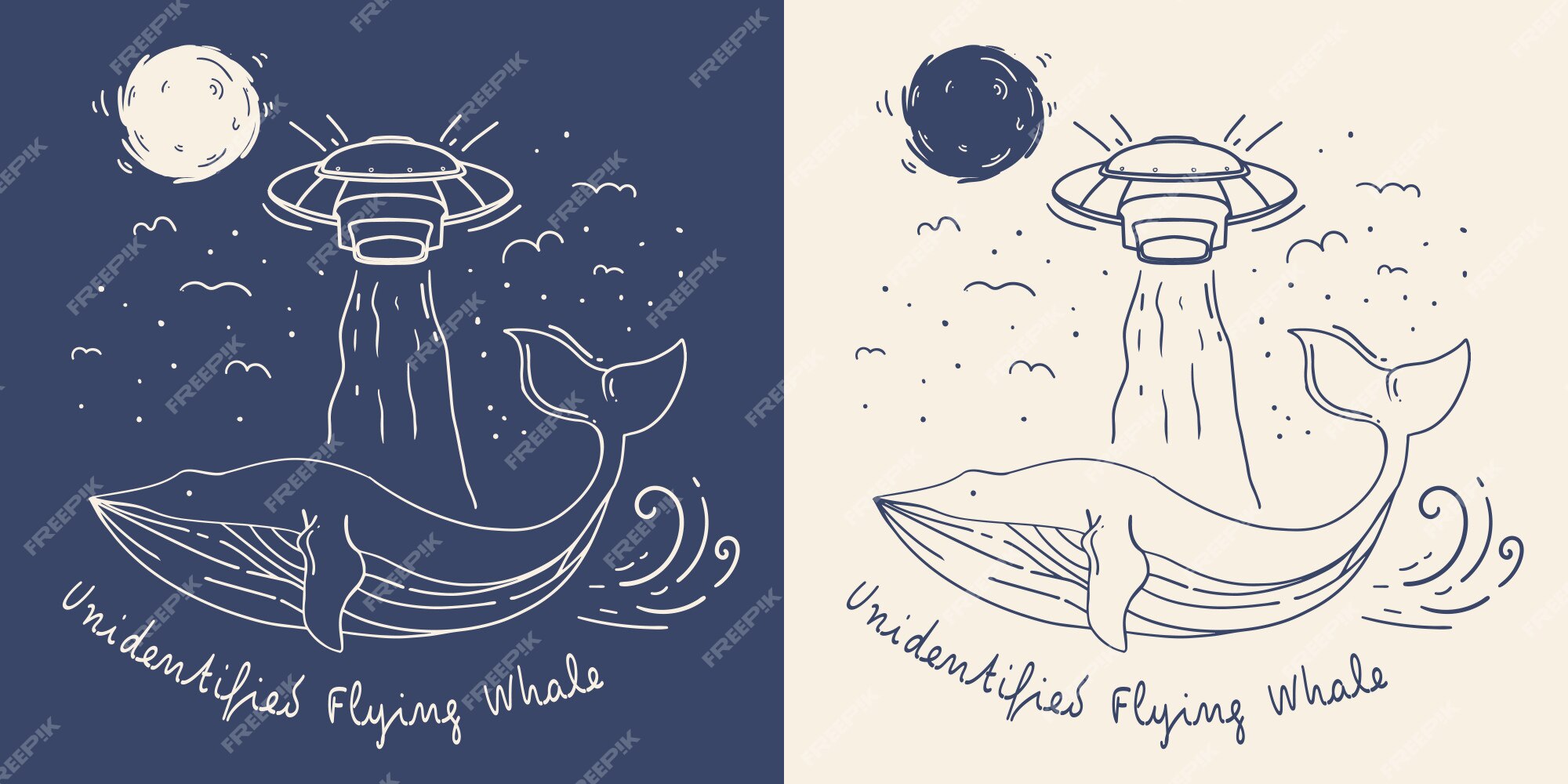 Ufoのイラストがモノラルラインクジラ 正体不明のクジラ プレミアムベクター