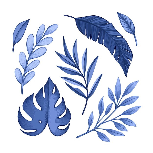 Free vector monochromatic blue tropical leaves