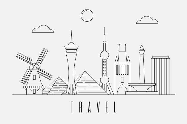 Free vector monochromatic outline landmarks skyline style