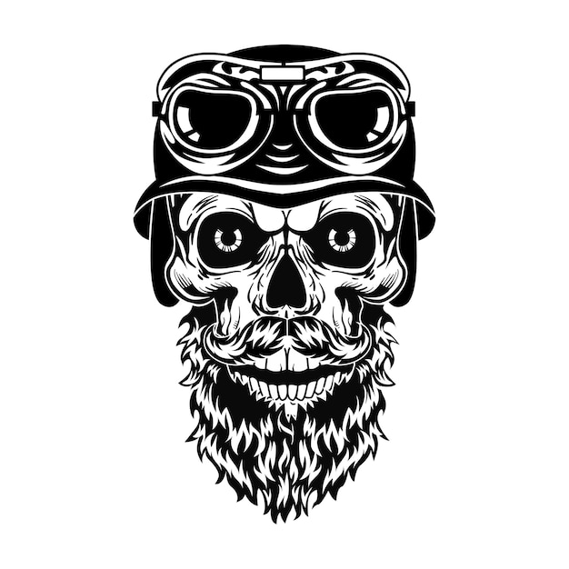 Monochrome bearded skull of hipster vector illustration. Retro dead head in helmet with glasses